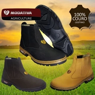 Botina Masculina e Feminina Couro Nobuck Legitimo 100% Natural Modativa Agriculture Marrom Preta e Amarela