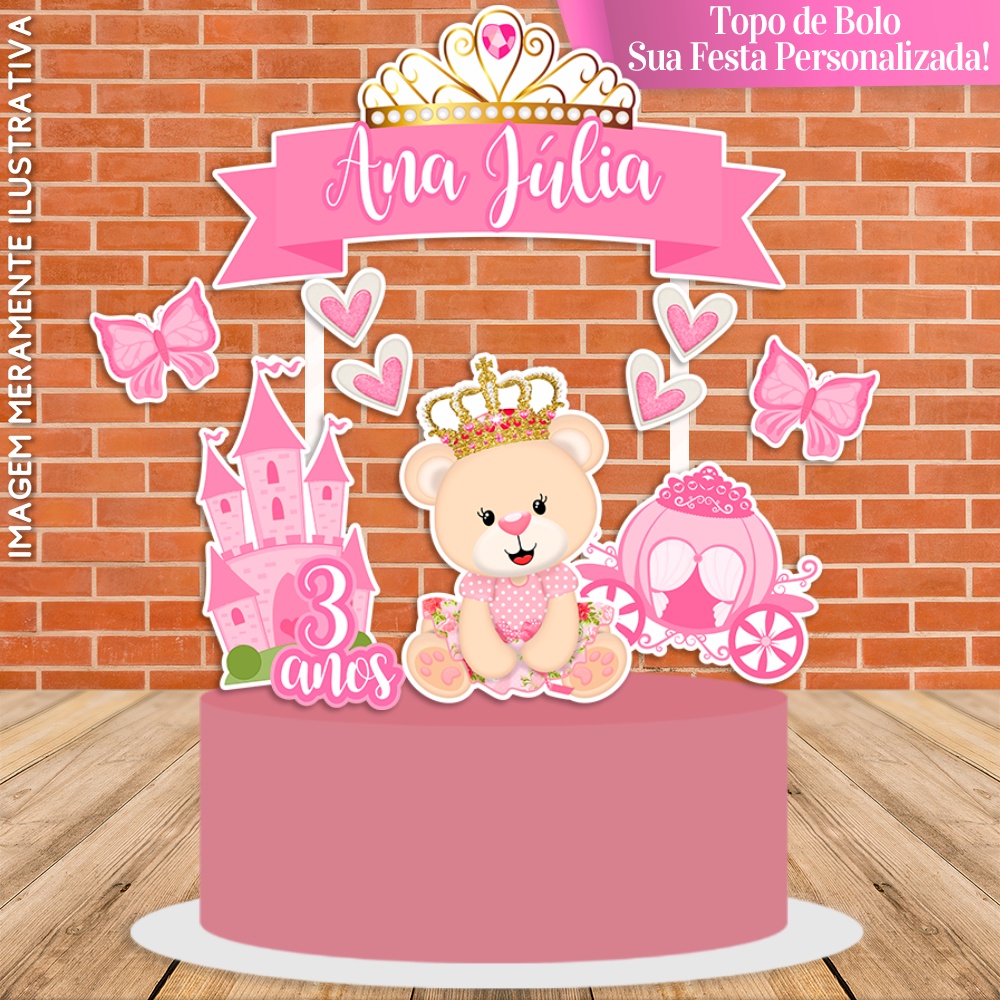 Topper Topo de Bolo Festa Personalizada Ursinha Princesa Rosa | Shopee ...