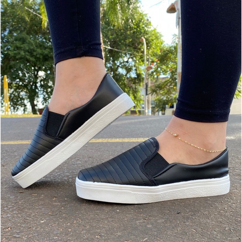 SLIP-ON FEMININO CASUAL CONFORTÁVEL CAMURÇA PRETO/CARAMELO TAM 38