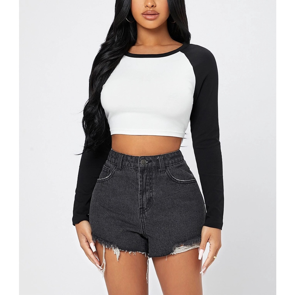 Cropped Raglan Manga Longa Tumblr Blusa Roupa Moda Feminina | Shopee Brasil