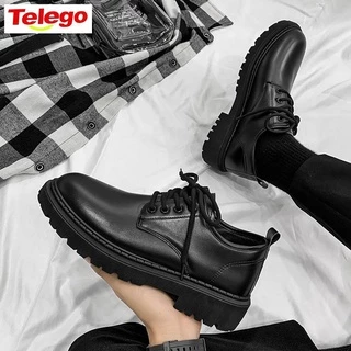 Sapatos De Couro Masculinos Versão Coreana Para Estudantes Novos Pretos Jovens De Sola Grossa Com Renda Os Pés Pequenos lea
