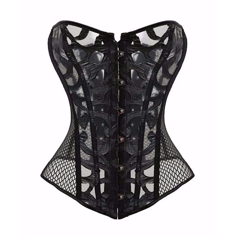 Preto Das Mulheres Respirável Shapwear Trajes Sexy Transparente Malha Corselet Escavar Espartilho Bustier Top Com G Corda