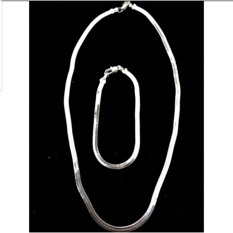 Conjunto Gargantilha Pulseira Corrente Laminada Prata 925 Corrente Fio Liso Ajustavel