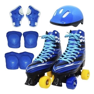 Patins 4 Rodas Retrô Clássico Menino Menina Roller Com Kit de Proteção Azul Tamanho 30 e 31
