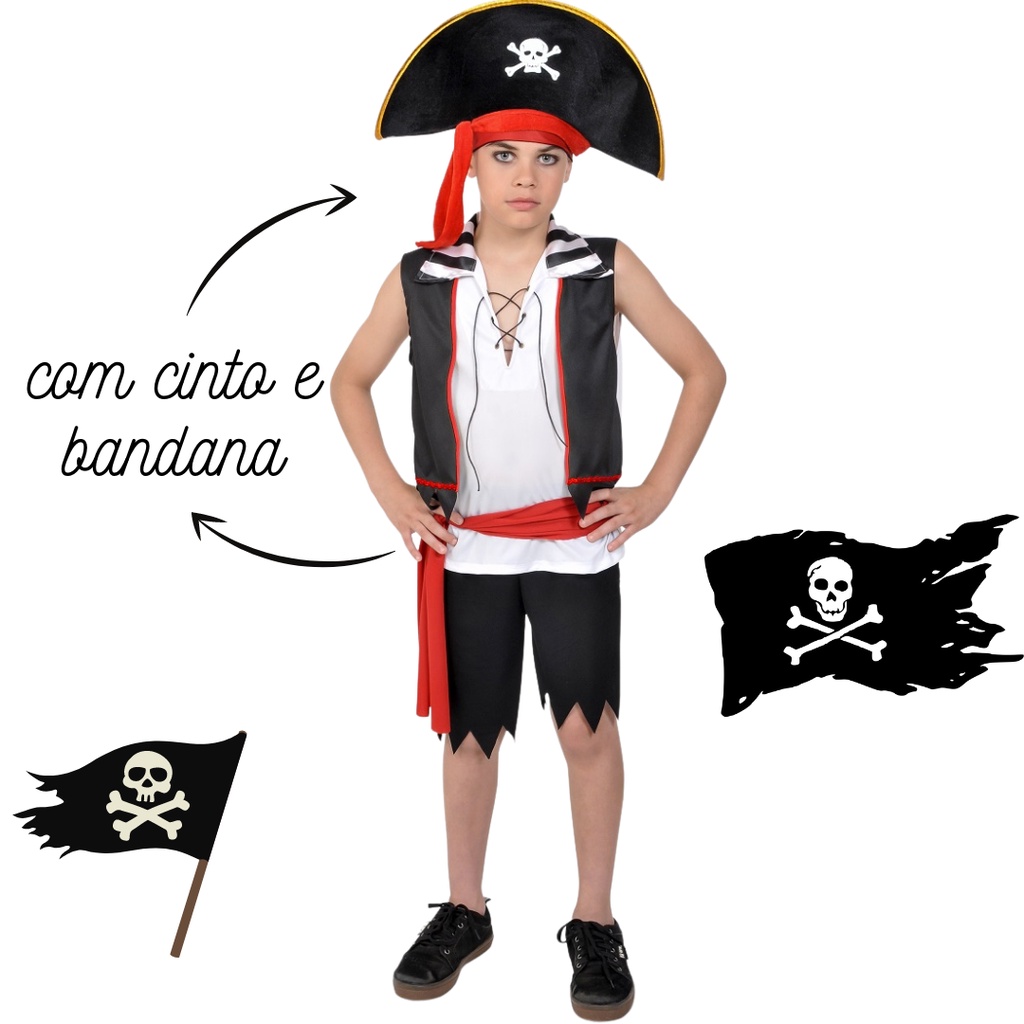 Fantasia Carnaval Pirata Capitao Gancho Vermelho Menino Tapa
