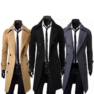 Casual Cor Sólida Manga Comprida Masculino Sobretudo Moda Inverno Botões Bolsos Casacos Longos Masculinos Trespassados Finos