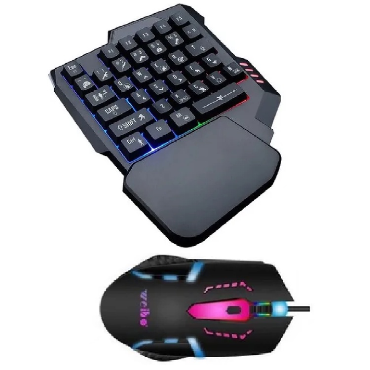 Kit Teclado Mouse de Uma Mão Usb Rgb Led Multimídia Gamer Jogador Game Jogo