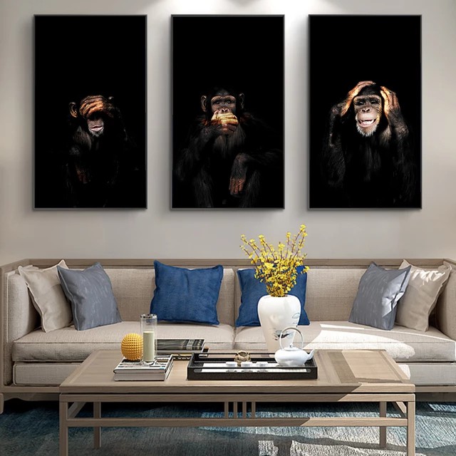 Conjunto Com Três Telas - Macacos Engraçados - 60x40cm - Bela Arte