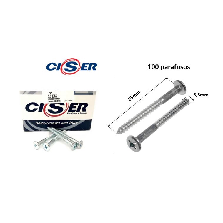 Parafuso Ciser 5,5x65 100 unidades tampinha Phillips Rosca soberba ...
