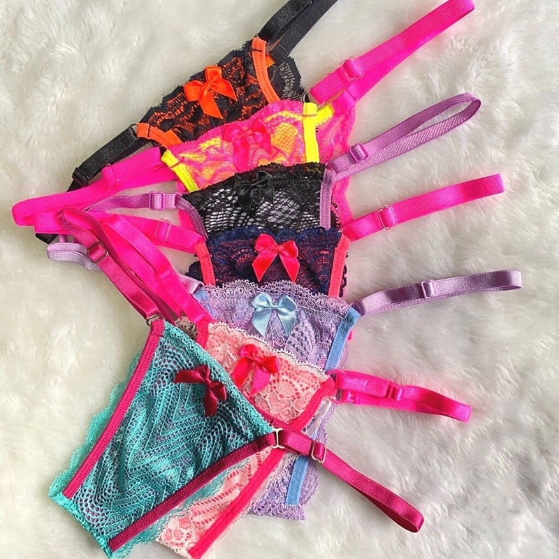 Kit 10 Calcinhas Renda Neon Color Sensual Regulagem Lateral Tanga Fio Dental Sexy Lingerie