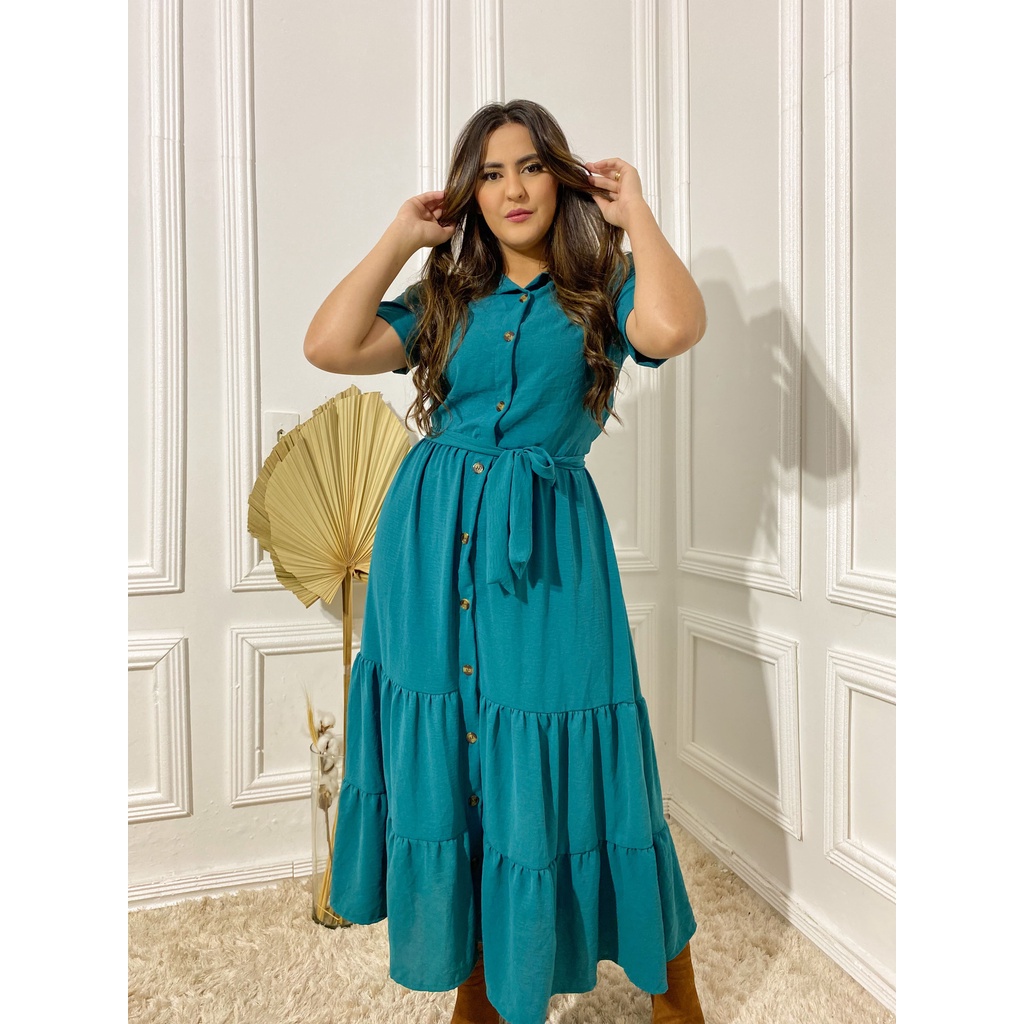 Vestido feminino chemise Três marias manga curta longo mídi com botão em cores preto Pink verde musgo, azul petróleo e fúcsia