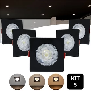 Kit 5 Spot Led Direcionável Quadrado 7w Capa Preto Luz Forte