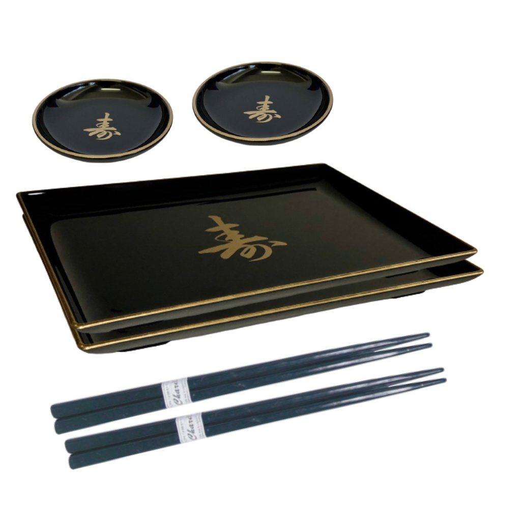 Kit 2 Pessoas Jogo Jantar Oriental Molheira Prato Japonês Preto