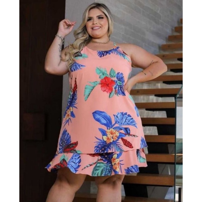 Vestido Feminino Plus Size Alçinha moda Verão soltinho veste 48 a 52