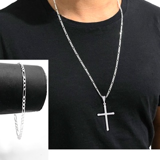 Kit Colar de Pulseira Corrente Banhada a Prata 925 Masculino Crucifixo Aço inoxidável