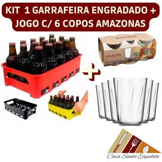 Conjunto Garrafeira Engradado Caixa P/ 15 Garrafas 300ml C/ Jogo 6 Copos de Vidro (Envio Imediato)