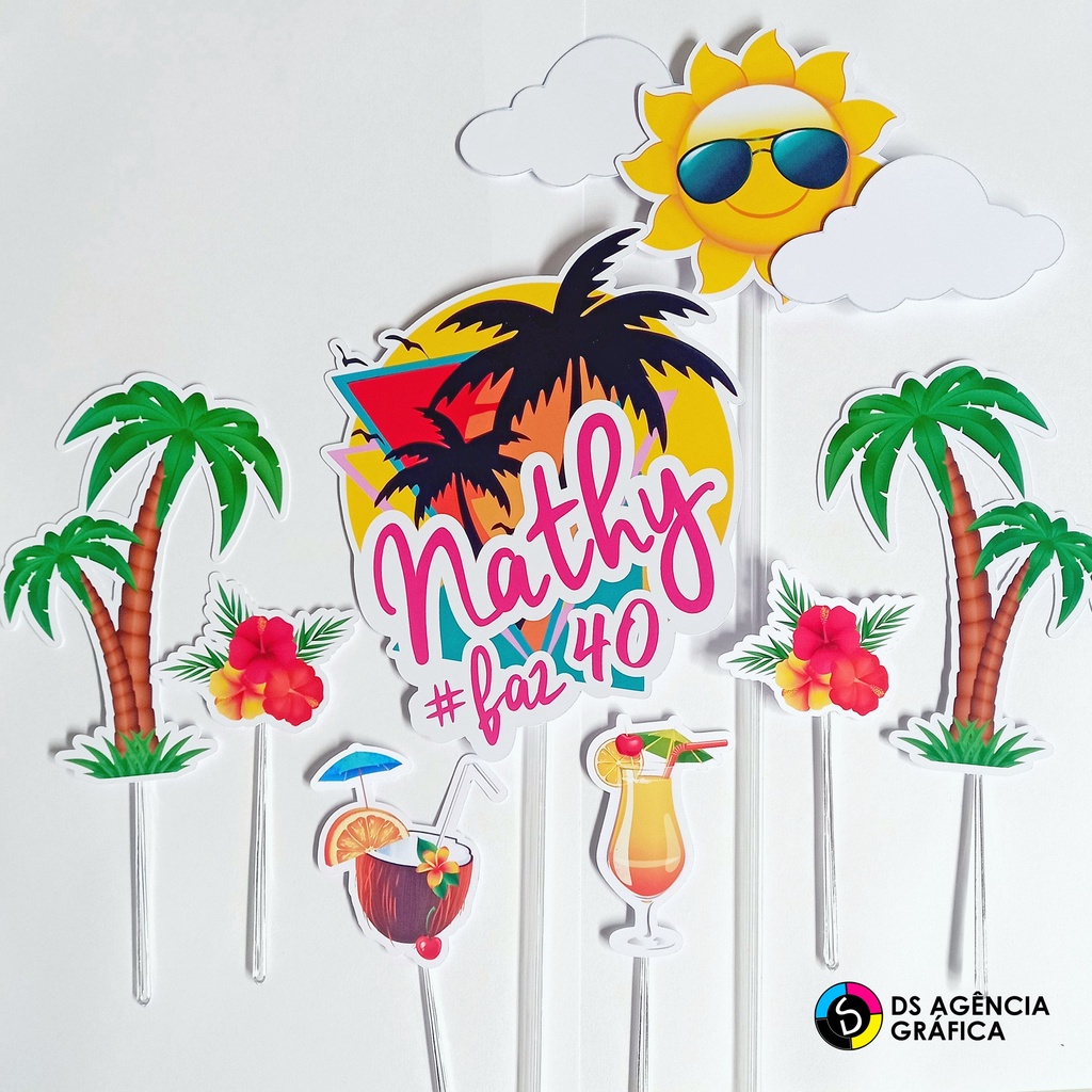 Topo de bolo tropical personalizado pronto para uso coloque nome