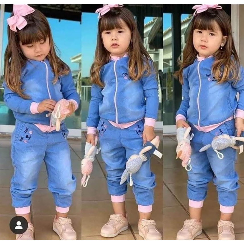 Conjunto Jeans menina infantil calça + blusão.