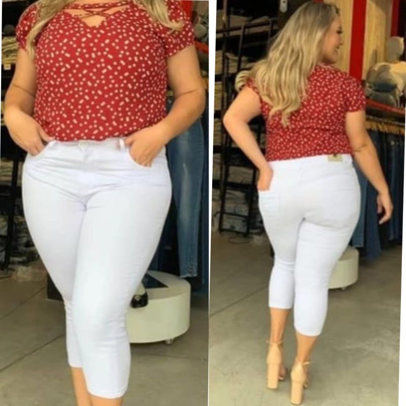 Calça Branca Capri Plus Size Jeans Feminina Cintura Alta Lycra