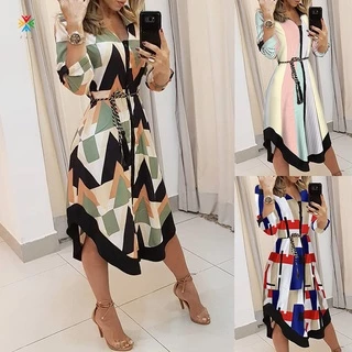 Vestido Feminino De Impressão Geométrica De Manga Comprida De Lapela Feminina De Gola Midi