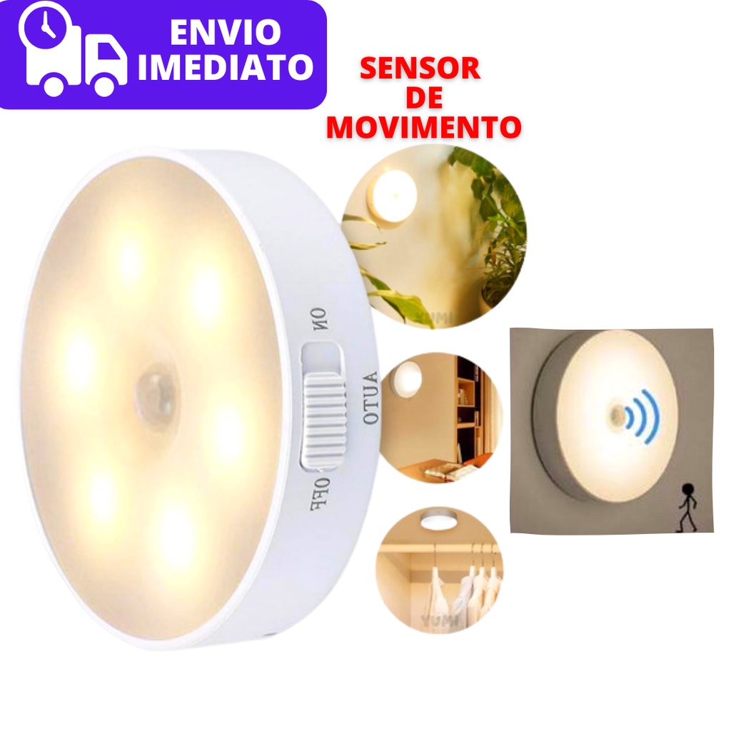 Led com Sensor de Movimento Noturna Luz Branca e Amarela Sem Fio ...