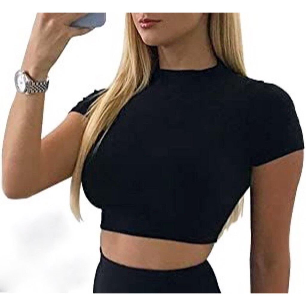 Blusinha Cropped Feminina Gola Alta Poliamida Tendência Verão