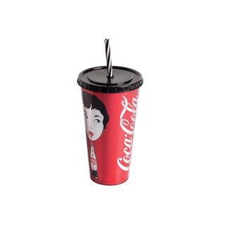 Copo Refrigerante de Plástico 700 ml com Tampa e Canudo Coca Cola - Preto/Vermelho