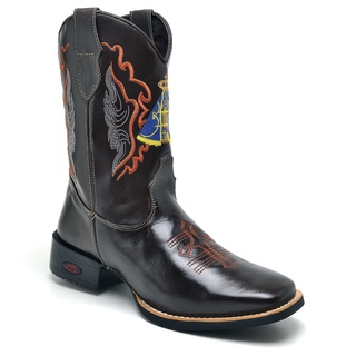 Bota Masculina Country Texana Bico Quadrado Bordada Cano Alto Fé Nossa Senhora