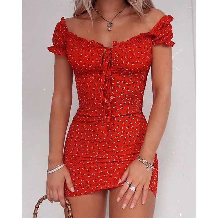 Red floral off the best sale shoulder dress