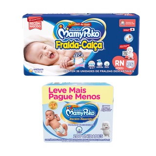 Kit FRALDA CALÇA Descartável Mamypoko  - RN - c/ 36 Unds + Lenço Umedecido Recém Nascido Suave Agua e Algodão - 200 Unds