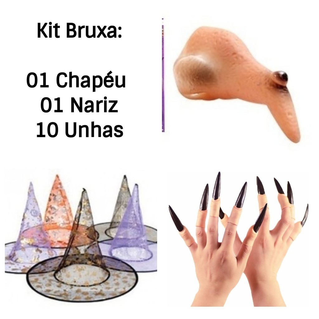 Kit Fantasia Bruxa Bruxo Bruxinha Nariz Unha Dedo Queixo Dente Dentadura  Chapéu 05 Itens Halloween Cosplay Carnaval