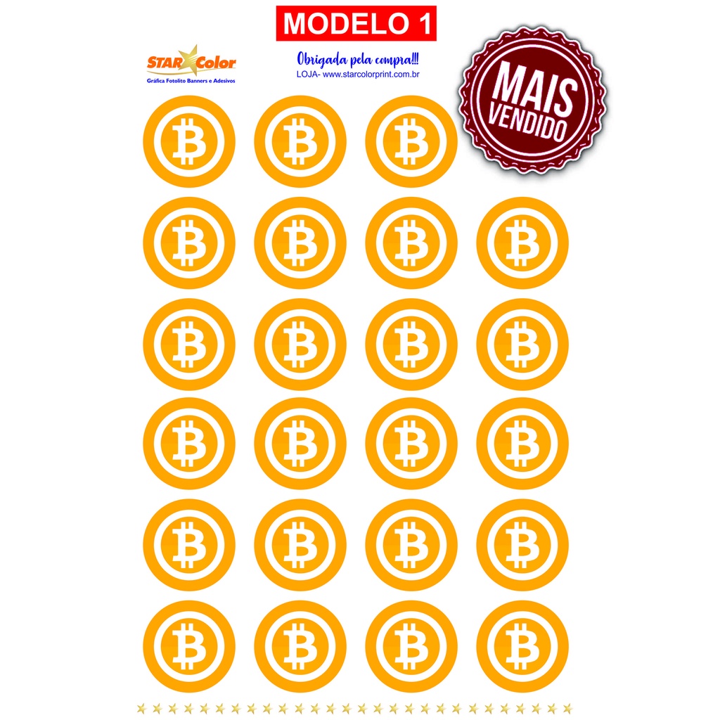 Cartela de Adesivos Bitcoin Btc Criptomoeda 3,5x3,5 (NÃO BORRA, NÃO RASGA)