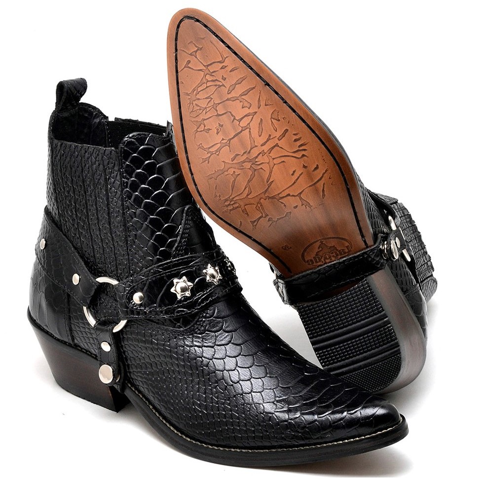 Bota Botina Bico Fino Country Texana Couro Escamada Masculina