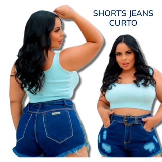 Short Hot Pants Jeans com Barra Dobrada Curve & Plus Size Azul Escuro