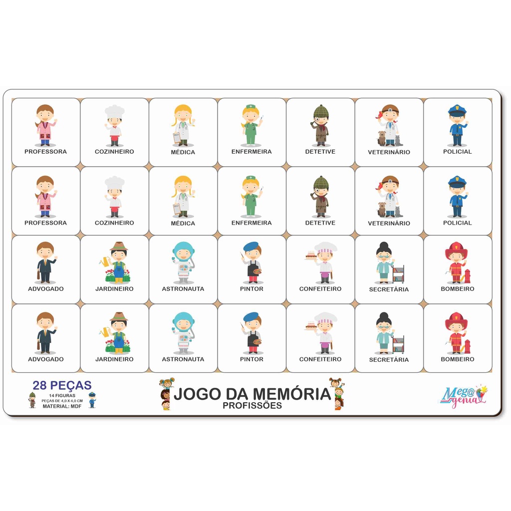Brinquedo Educativo Tabuleiro Jogo Da Memória Profissões Mdf - Mega ...