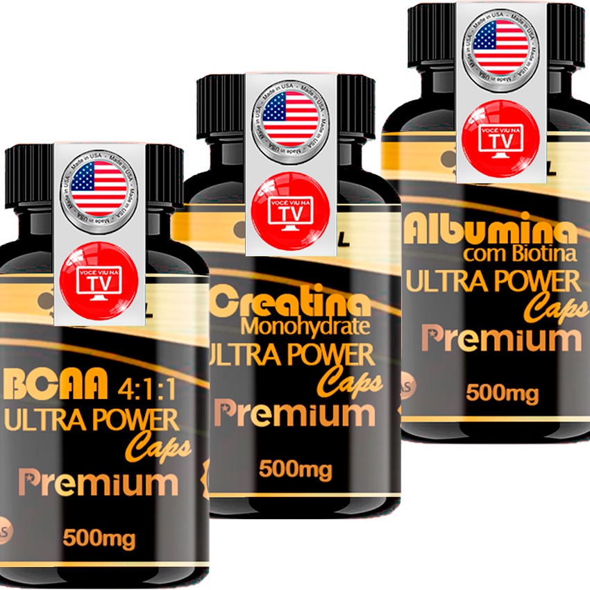 Kit Bcaa 4:1:1 – Creatina Monohidratada – Albumina Com Biotina Ultra Power Caps – Original – 60 Cápsulas Cada Pote