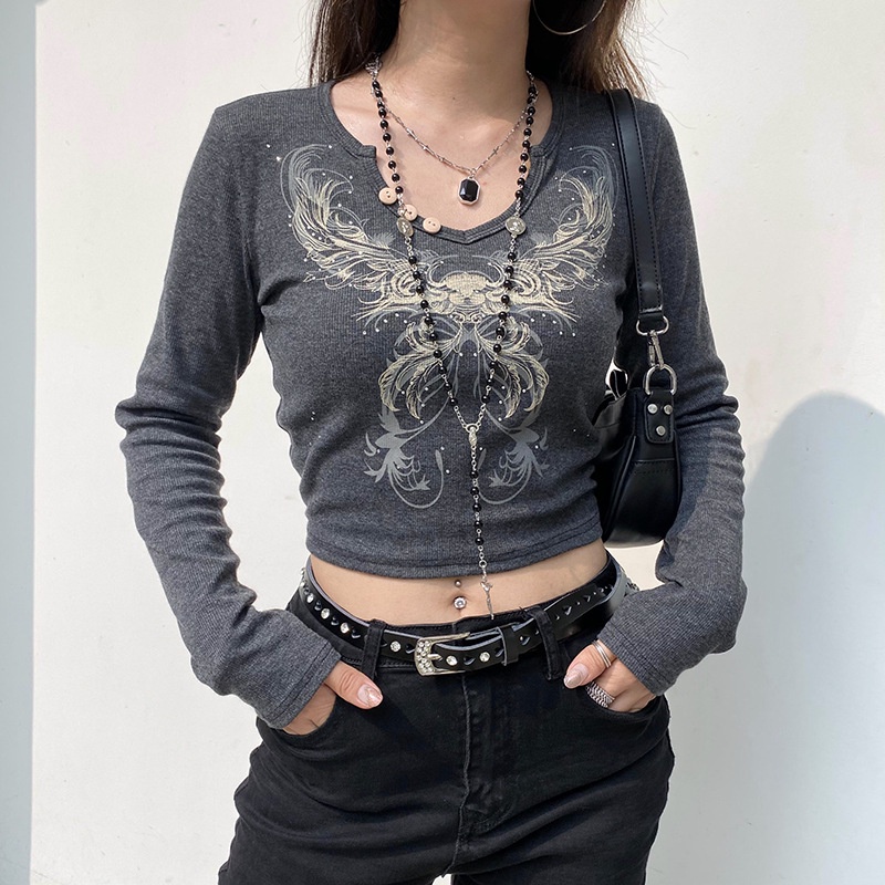 Olhos Retrô Feminino Estampa De Tops Cortados Fada Grunge Gráfica Camisetas  Vintage Indie Estética Roupas Cyber Y2k Slim Manga Longa Blusa