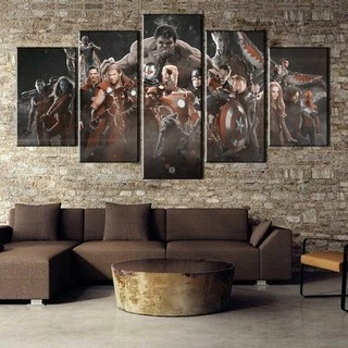 Quadro Decorativo Mosaico 05 Peças Super Heróis Marvel Vingadores Para Sala Quarto Sem Moldura