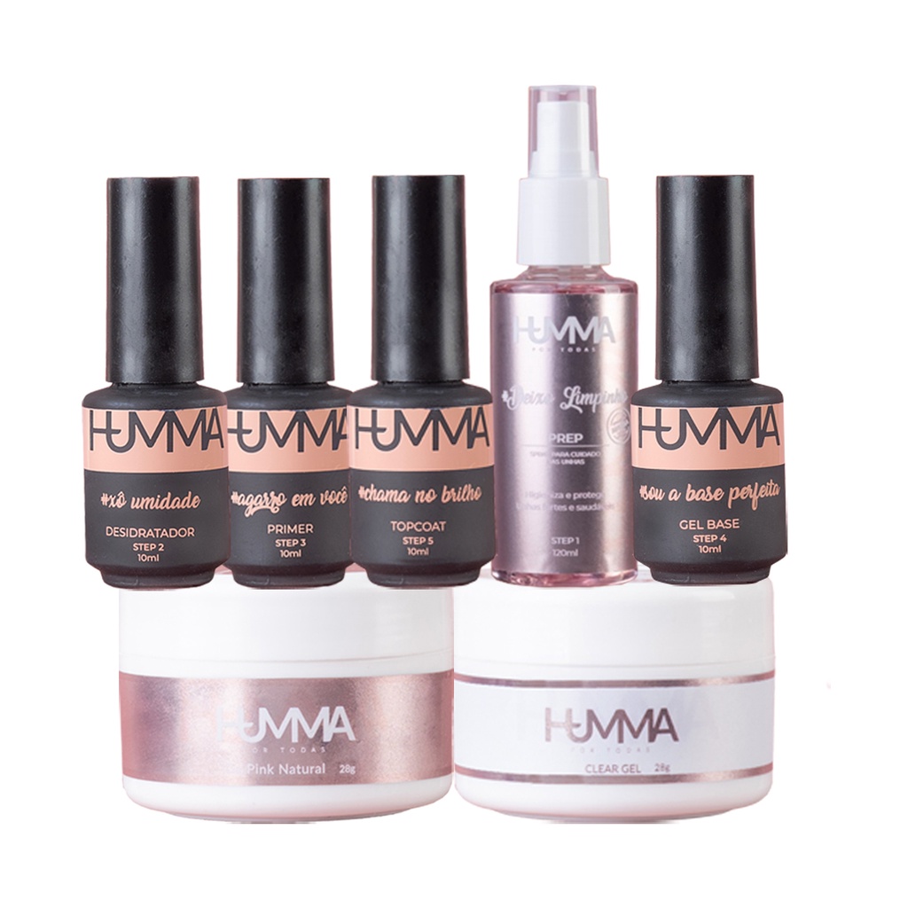 Kit Humma Gel Pink Natural + Clear Transparente 28g cada + Preparadores ...