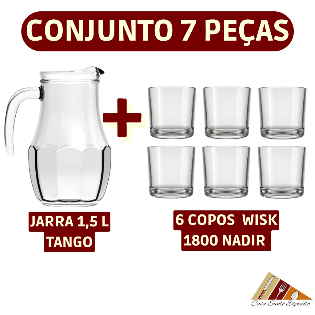 Conjunto 7 Pçs - Jogo 6 Copos as 190ML Nadir Figuereido e 1 Jarra Bar  Vidro Tango 1,5L