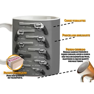 Caneca Revólveres + Caixa - Xícara 325ML Personalizada Revólveres Porcelana Super Branca Cerâmica