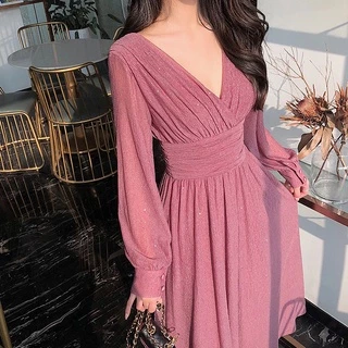 New Vintage Sexy Maxi Vestidos Mulheres Partido Lantejoula Casual Chiffon Fino Coreano Vestido Midi
