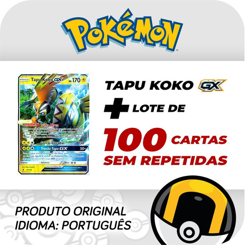 Carta Pokémon Lendário Tapu Koko Gx Com Lote De 100 Cartas