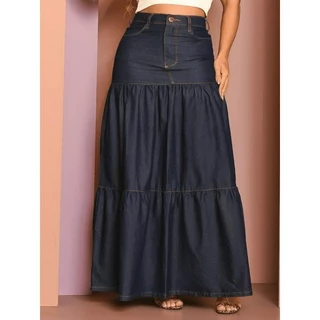 Saia Jeans Feminina Longa Moda Evangélica 2 Marias Lycra Rodada