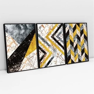 Quadro Decorativo Kit 03 Peças 40x60 Geométrico Amarelo Preto e Cinza Para Sala Quarto Escritório Sem Moldura