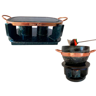 Kit 01 Grelha De Pedra Sabão Para Carne 33x19 cm Com 2 Queimadores E 01 Fondue 1,5 Litros Para Queijo Ou Chocolate
