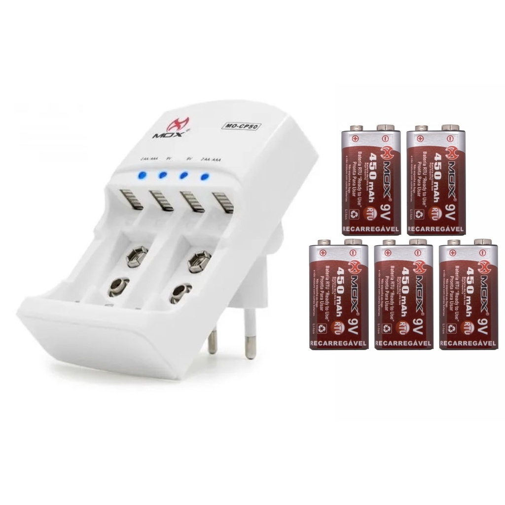Carregador inteligente de pilhas e 5 Baterias 9v 450 mAh Mox alta ...
