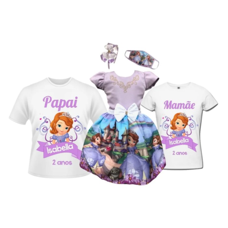 Vestido Princesa Sofia + Camisetas Pai E Mãe + Tiara
