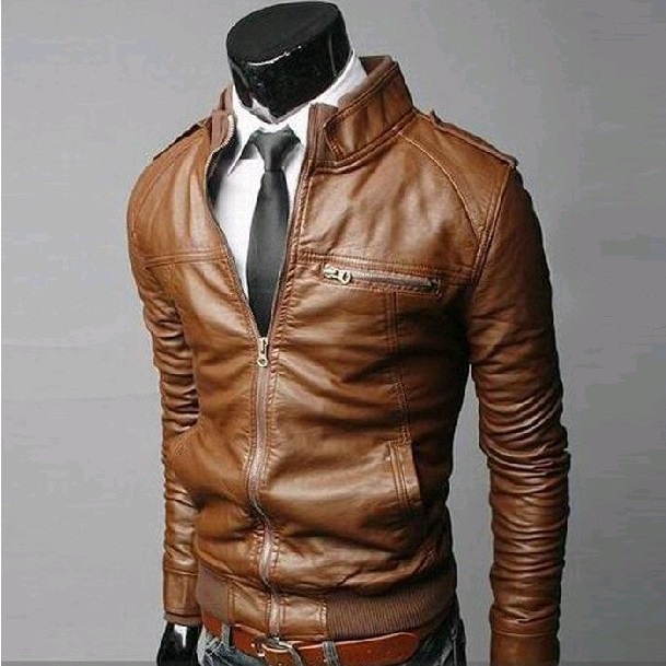 Men's Stand Collar Leather Jacket Motorcycle Lightweight Faux