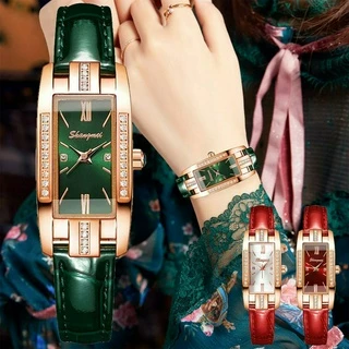 Relógio de Moda Rectangular Ladies Watch Leather Strap Diamante Inglês